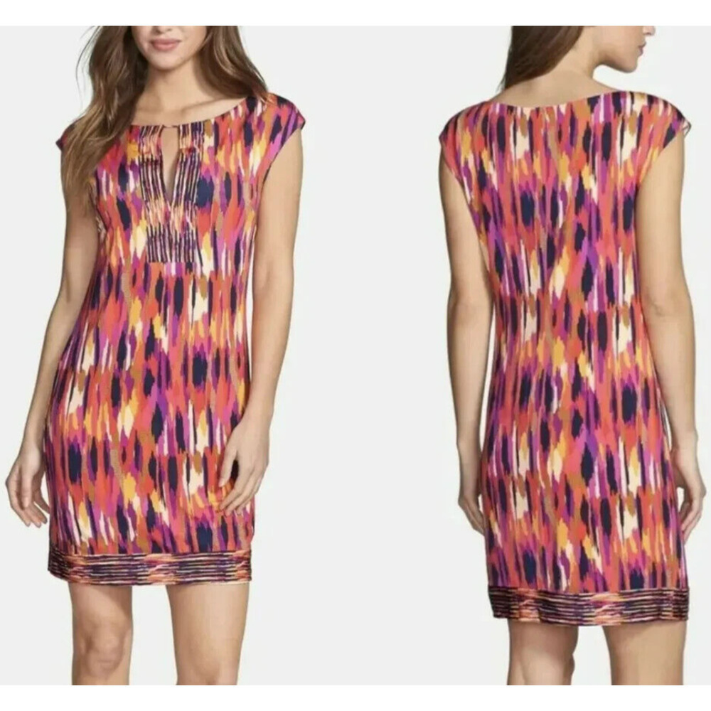 Trina Turk Ikat Shift Dress Size 2 Multicolor Sleeveless Stretch Keyhole USA NWT